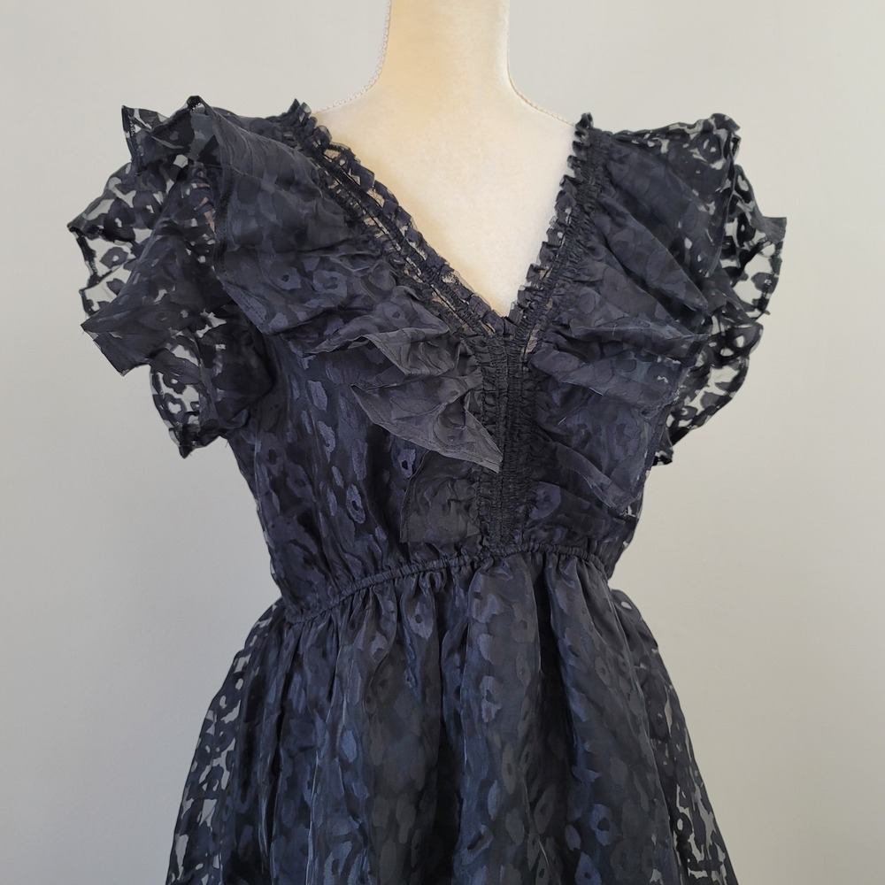 ENTRO Size Large Black Ruffled Flutter Sleeve Sheer Leopard Overlay Mini Dress - Picture 3 of 9